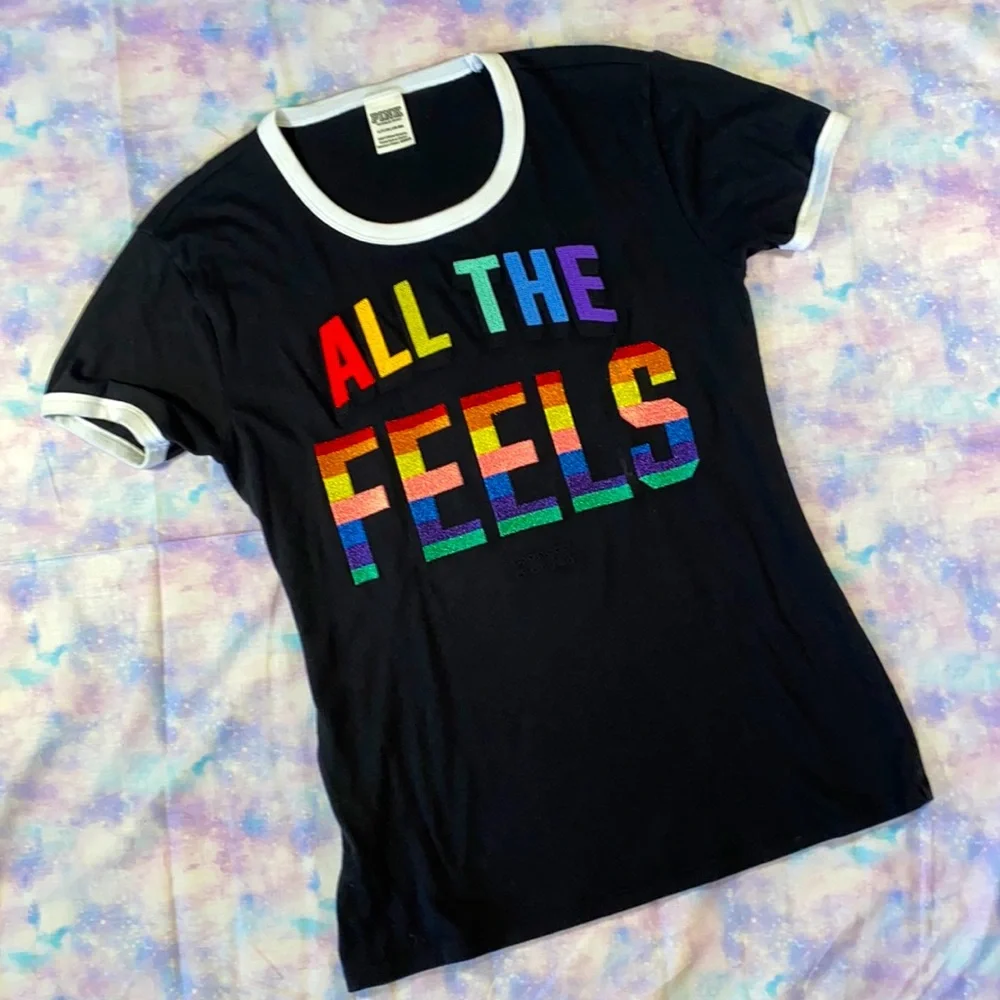 VS PINK • “All The Feels” Rainbow Pride Embroidery Ringer Tee - Picture 3 of 7